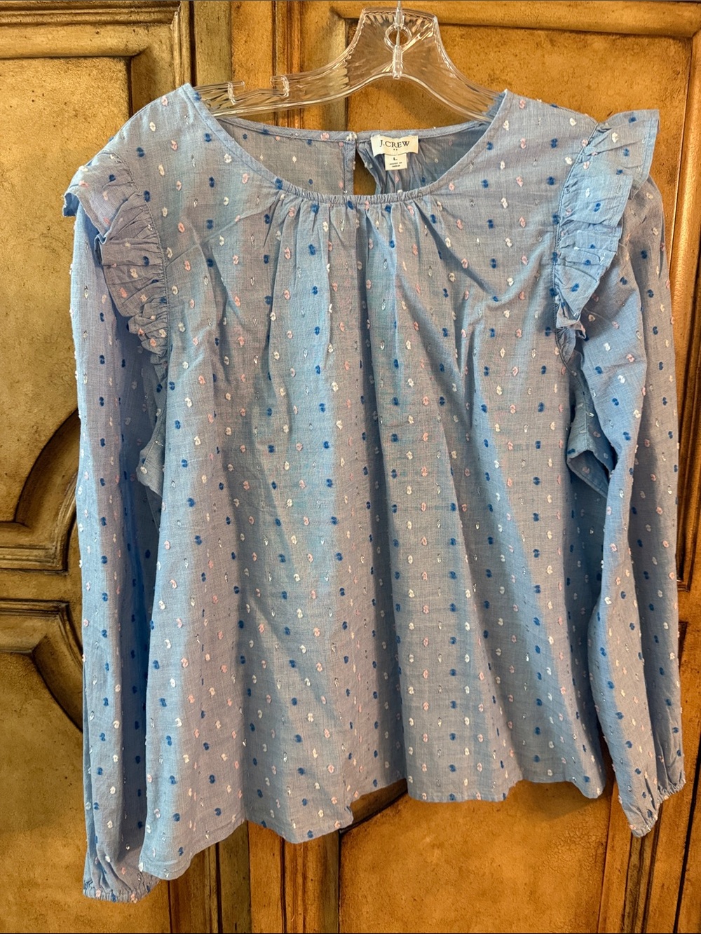 J. Crew Light Blue Embroidered Dot Cotton Top